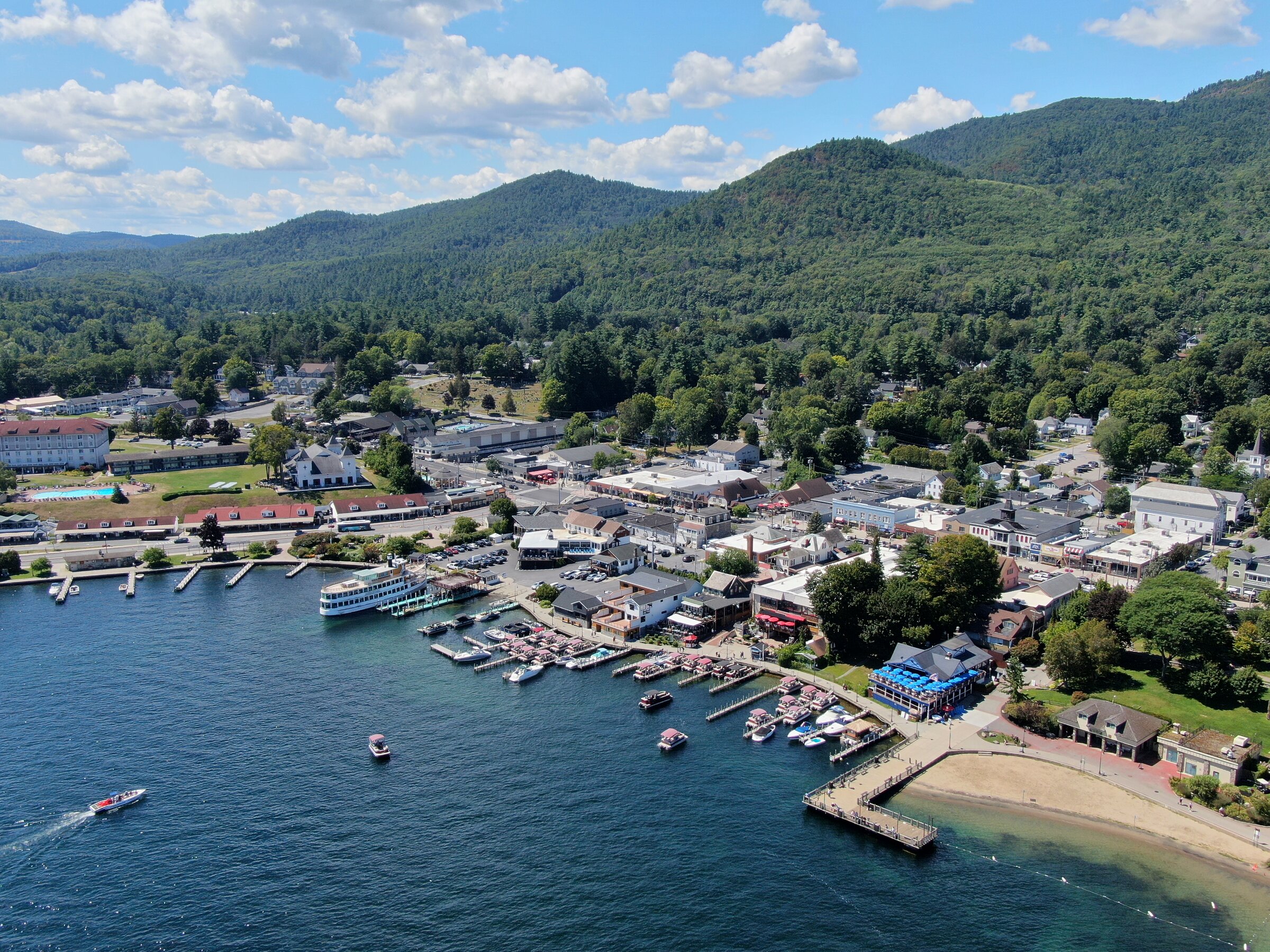 Aerial view of Lake George village and the southern basin