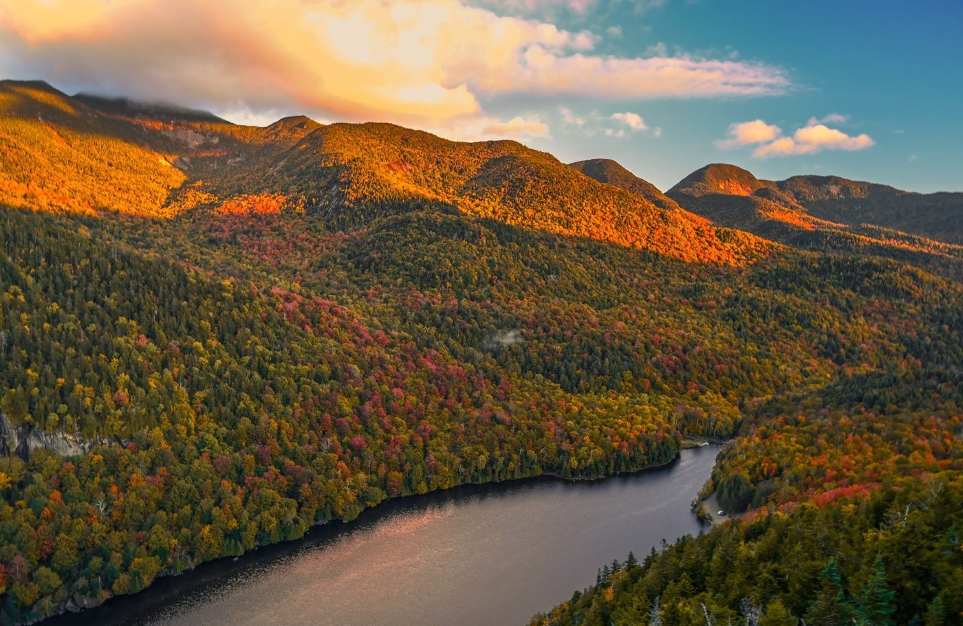 Adirondack mountain ridge and lake in autumn