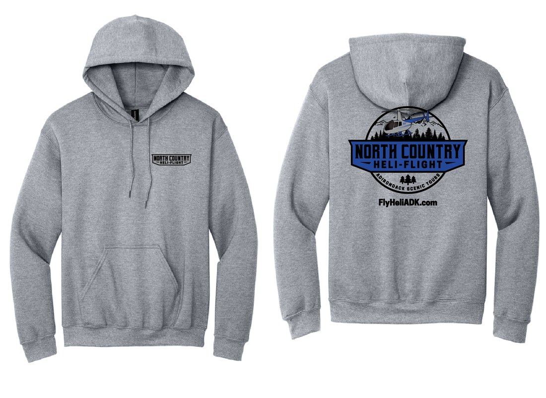 North Country Heli Flight hooded sweatshirt — heather grey, front and back with full logo